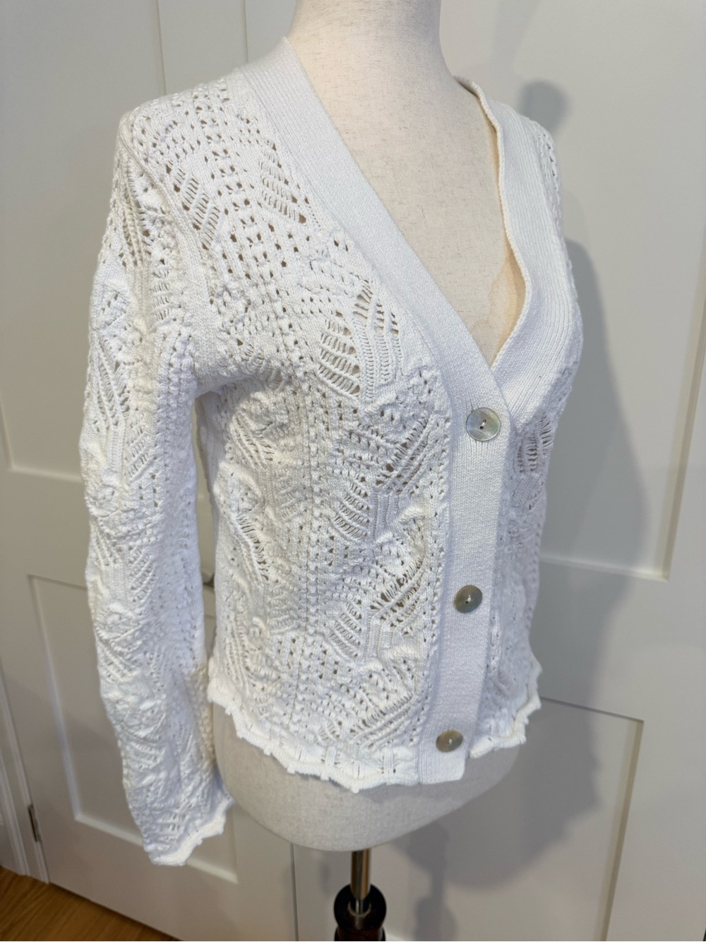 Vince White Open-Knit V-Neck Button Cardigan - Picture 8 of 11